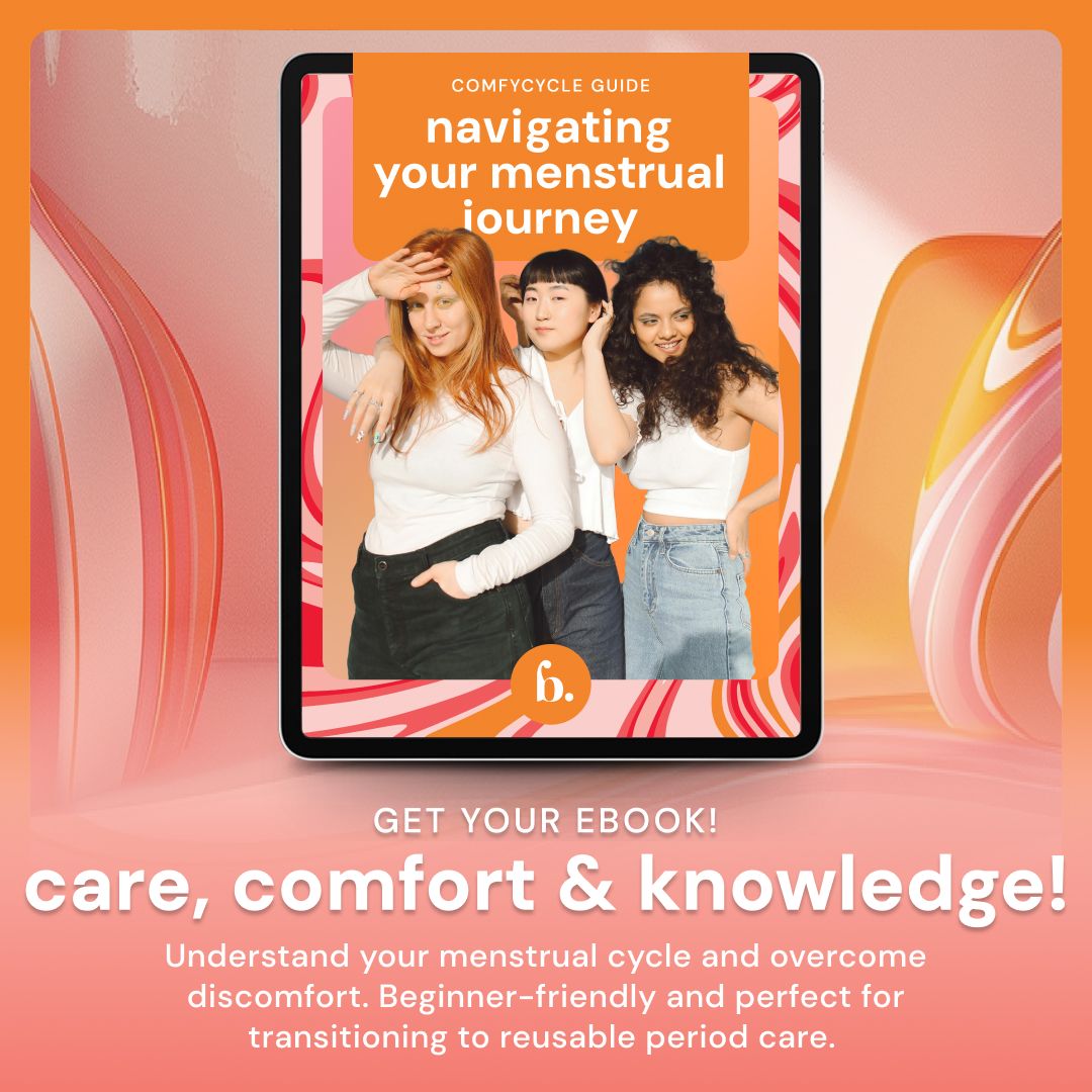 Tablette affichant l'e-book "Navigating your menstrual journey" avec trois femmes.