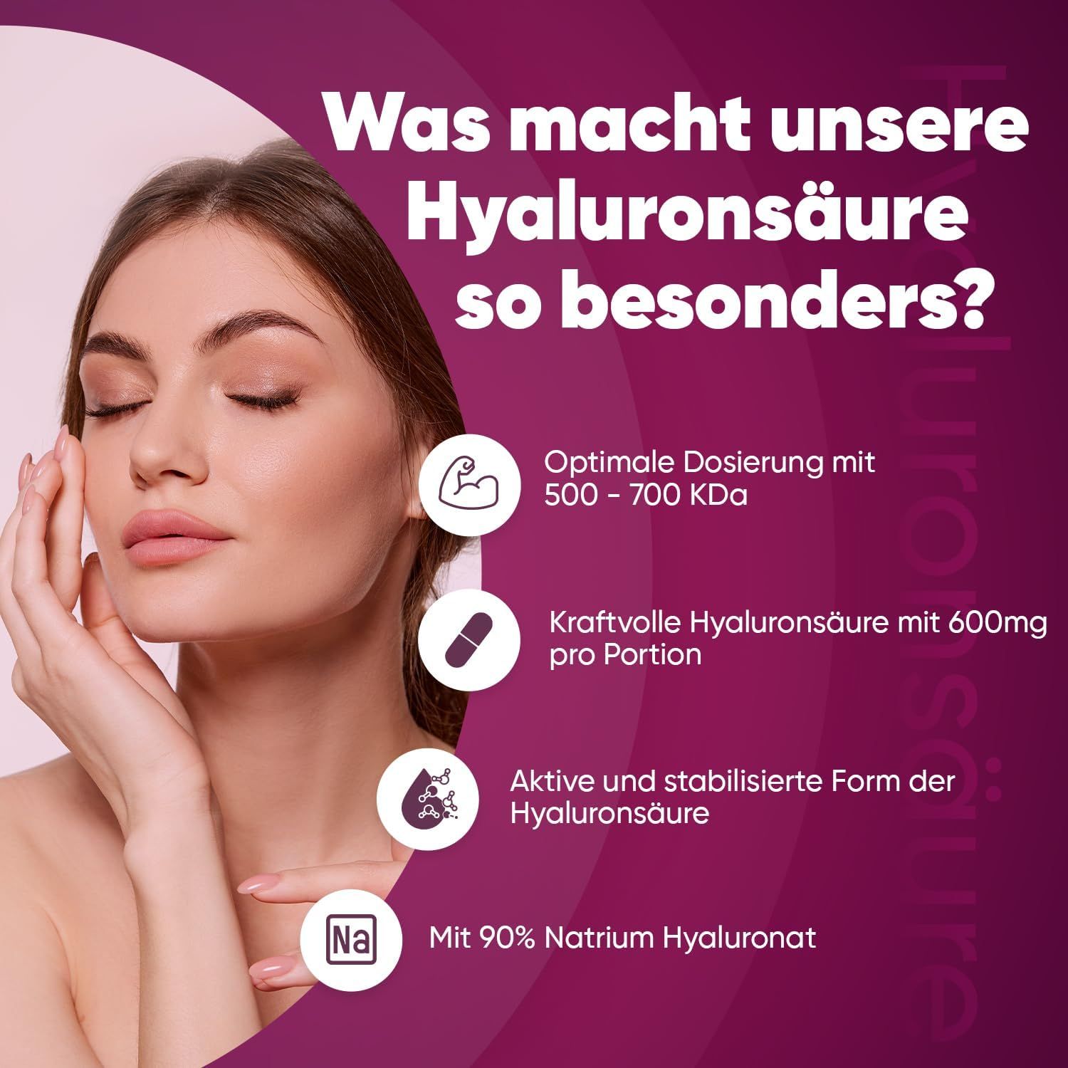 Vrouw met tekst: Hyaluronzuur. 500-700 KDA. 600mg per portie. Merk: WeightWorld.