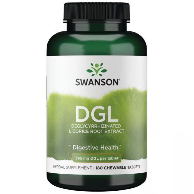 Groene fles met wit etiket. Opschrift: SWANSON DGL, deglycyrrhizinede zoethoutwortelextract. 385 mg per tablet. 180 tabletten.