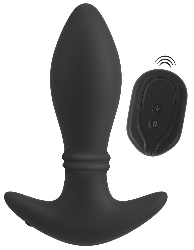 Anos RC Moving Rings Butt Plug noir avec télécommande sur fond blanc.