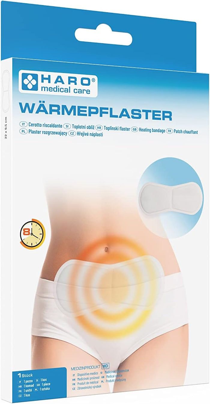 Verpakking van Haro Wärmepflaster. Productillustratie en gebruiksaanwijzing. Opschrift: Wärmepflaster, warmte 8 uur. 1 stuk.