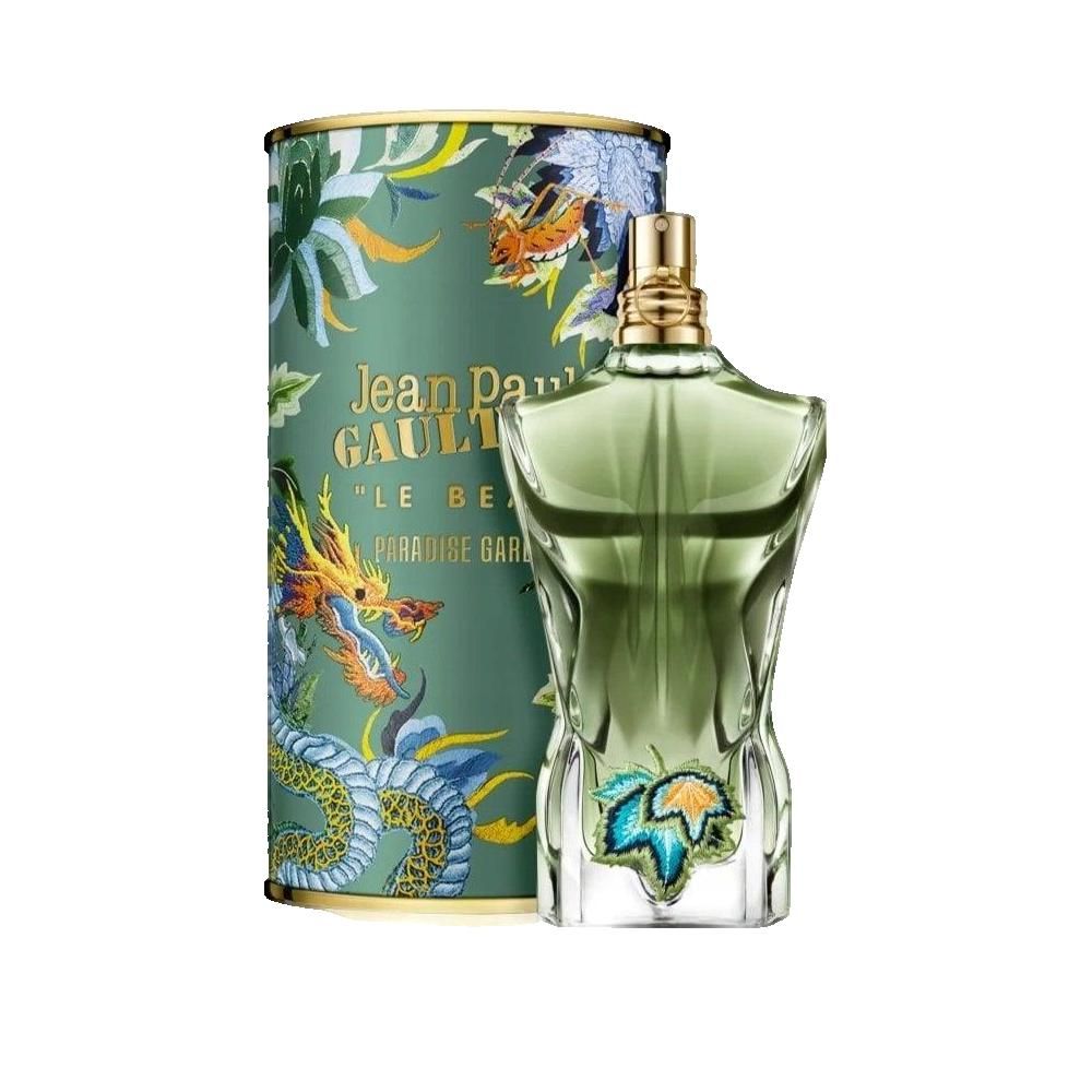 Flacon et boîte Jean Paul Gaultier Le Beau Paradise Garden Eau de Parfum avec motif dragon.