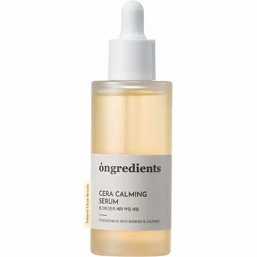 Gezichtsserum met pipet. Opschrift: Ongredients, Cera Calming Serum. Gele vloeistof in een transparante fles.