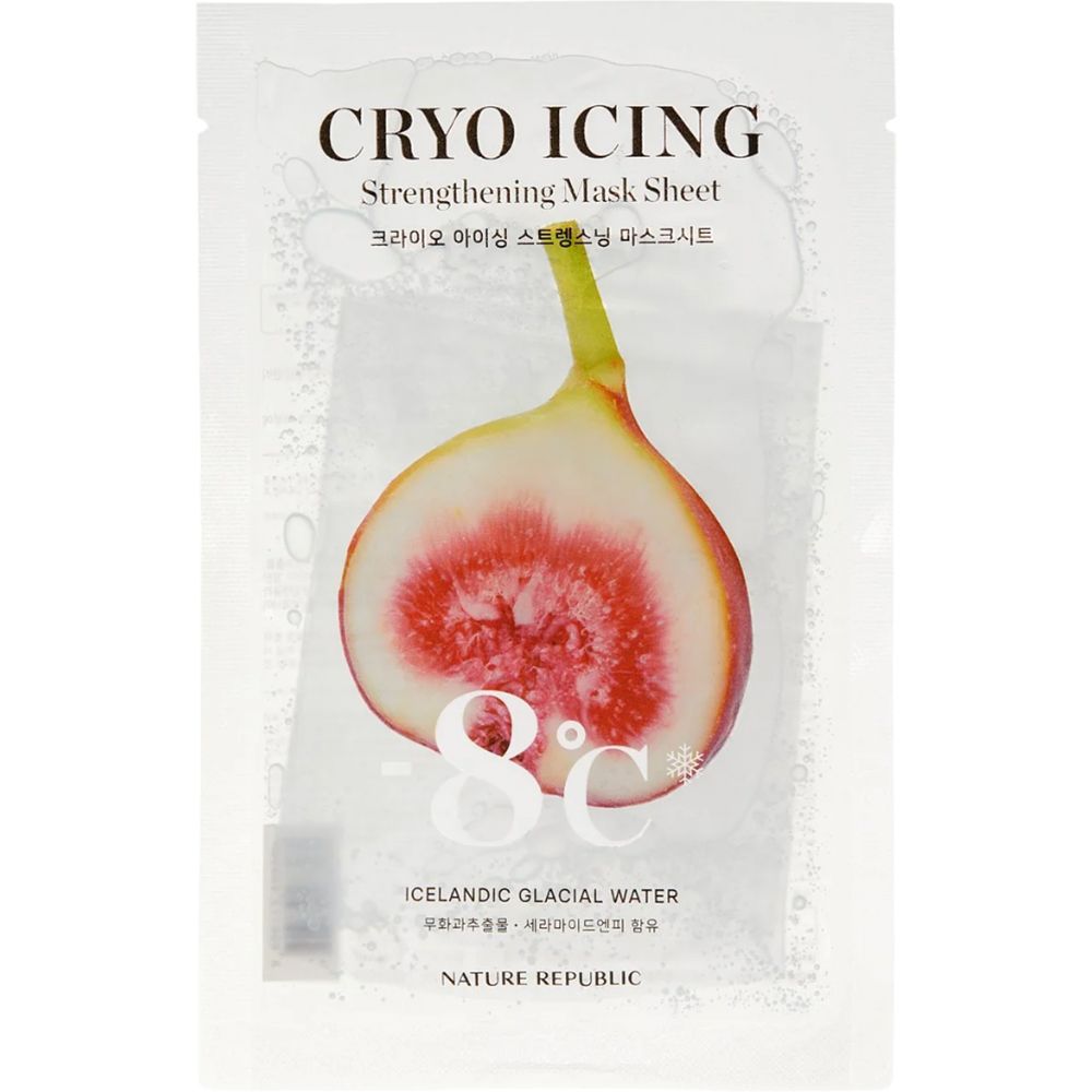 NATURE REPUBLIC Cryo Icing Sheet Mask. Illustratie van een vijg. Opschrift: Cryo Icing, -8°C, Icelandic Glacial Water.