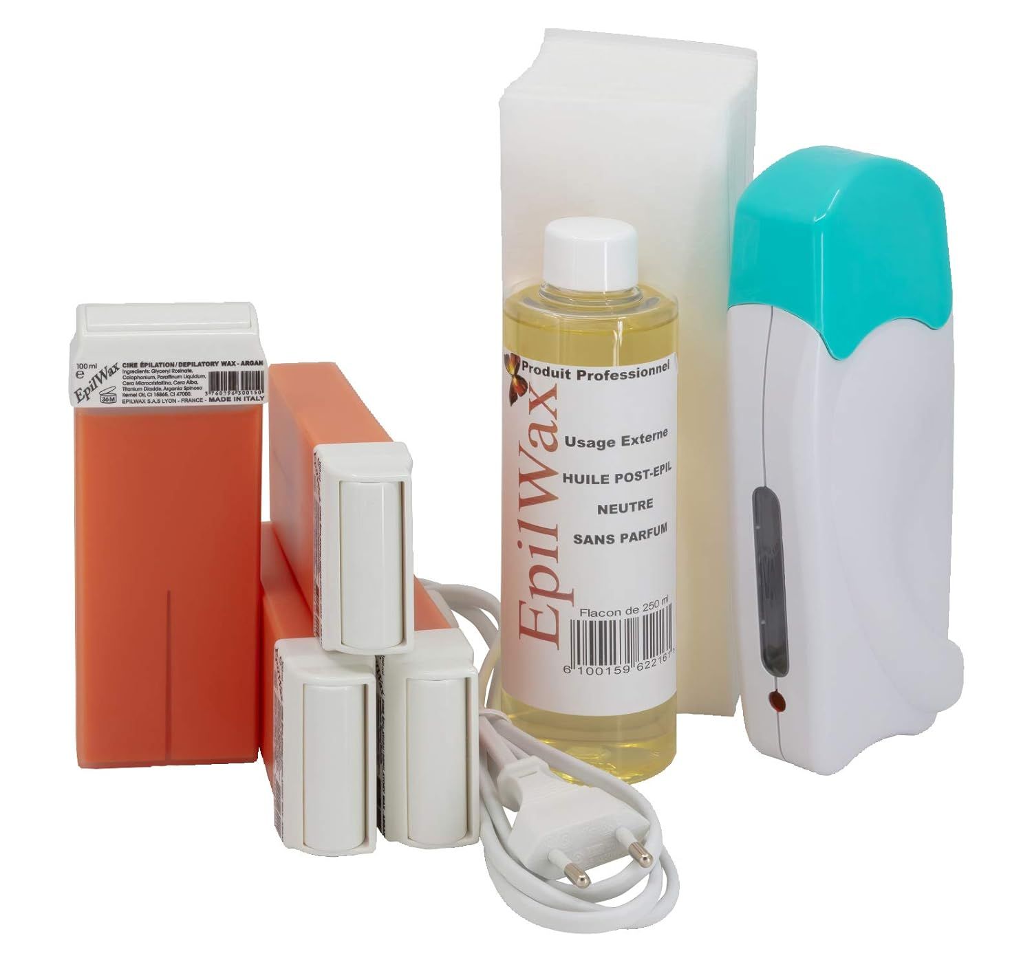Waxverwarmerset met wax, oliefles en accessoires. Bevat waxpatronen, waxverwarmer, oliefles en spons.
