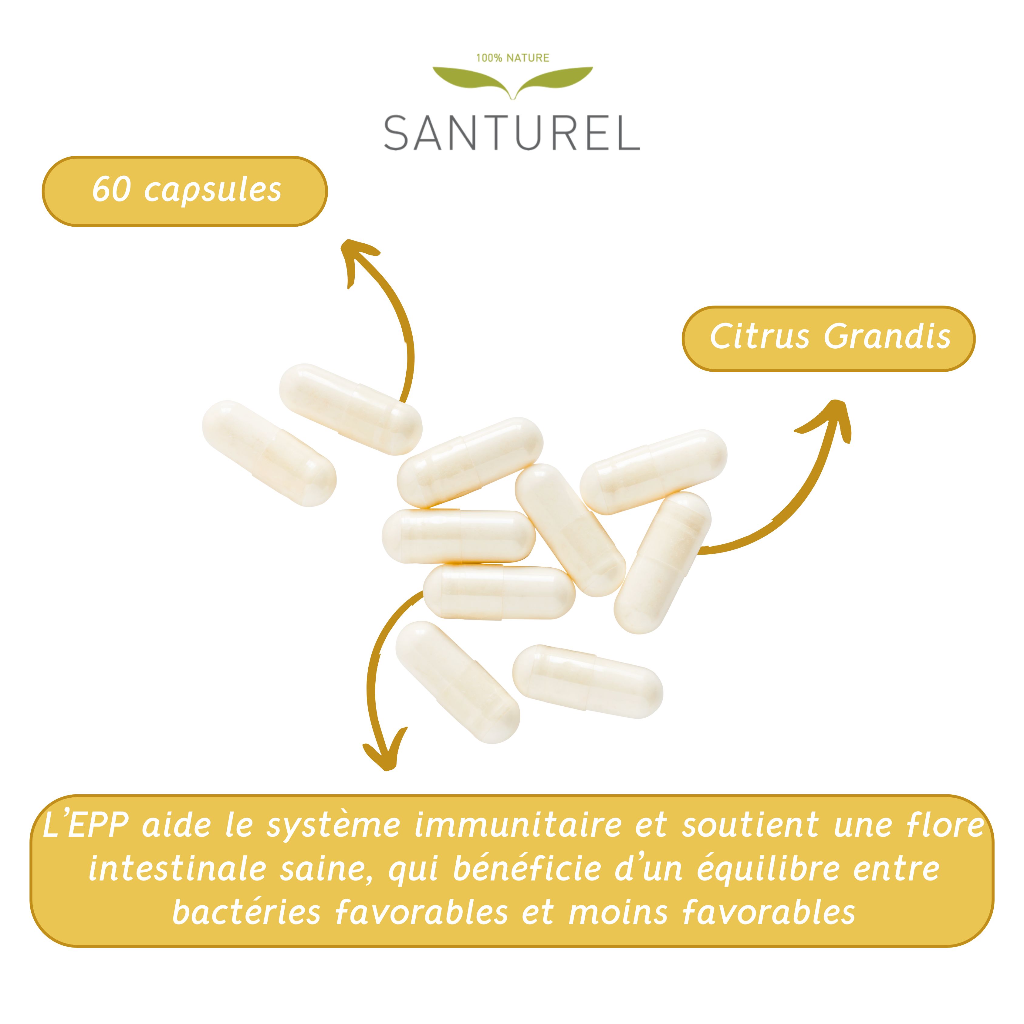 Gélules. Inscriptions: 60 capsules, Citrus Grandis. Texte: EPP aide le système immunitaire et la flore intestinale.