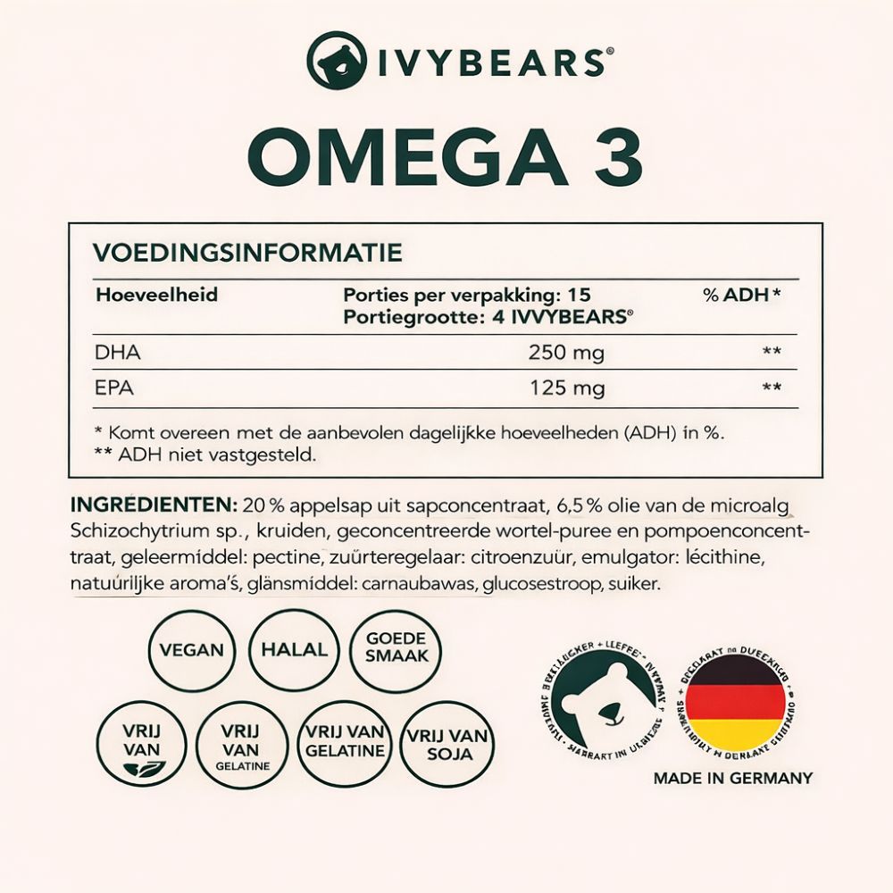 Voedingsinformatie voor Omega 3. Details over DHA en EPA. Ingrediëntenlijst. Logo's: Vegan, Halal, Natuurlijke smaak, Cruelty Free, etc.
