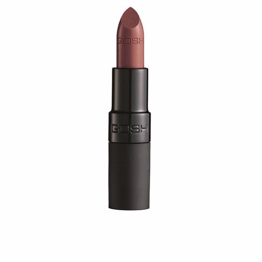 Rouge à lèvres avec étui noir. Le rouge à lèvres est de couleur rose-brun mat. Le nom de la marque GOSH est visible sur l'étui.