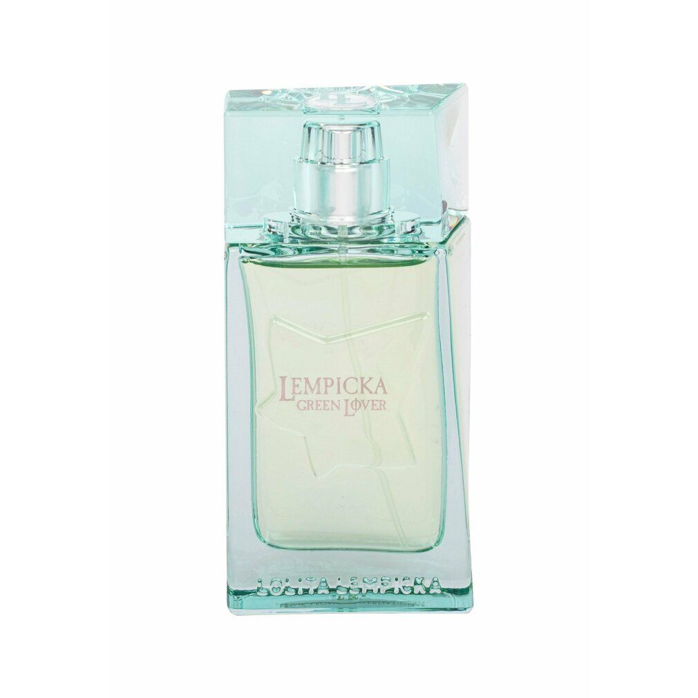 Fles Lolita Lempicka Green Lover. Rechthoekige fles met groenige vloeistof. Transparante dop. Logo en tekst op de fles.