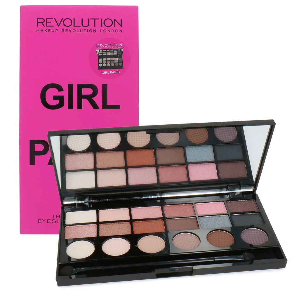 Palette de fards à paupières Girl Panic de Makeup Revolution. Palette noire avec 18 couleurs et miroir. Emballage rose à côté.