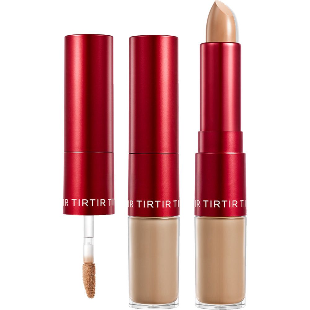 Correcteur deux-en-un. Récipient rouge avec nom du produit. Une partie avec applicateur, une partie en bâton.