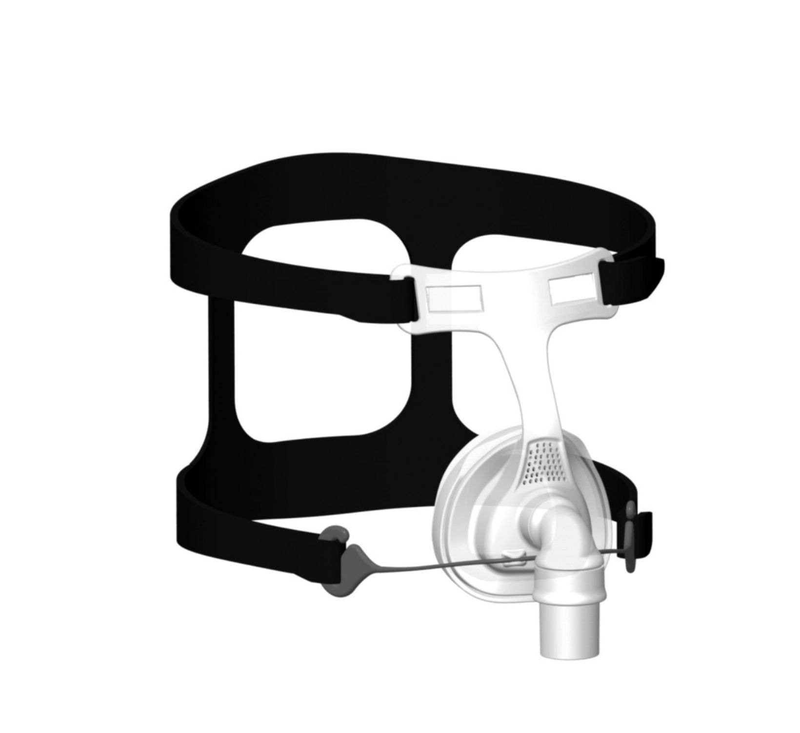 Masque nasal CPAP blanc avec bandeau noir et raccord de tube transparent.