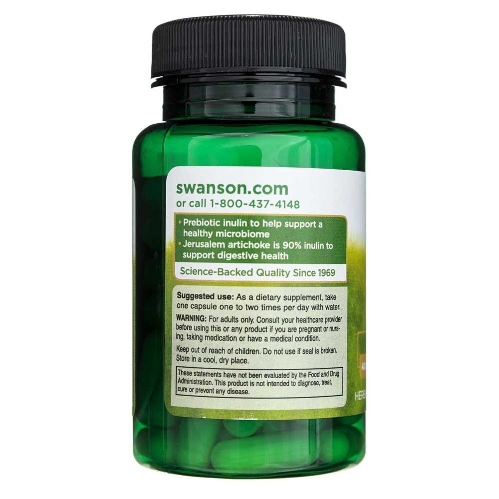 Achterkant van de capsuleverpakking met informatie over Swanson.com, voordelen en gebruiksaanwijzing.