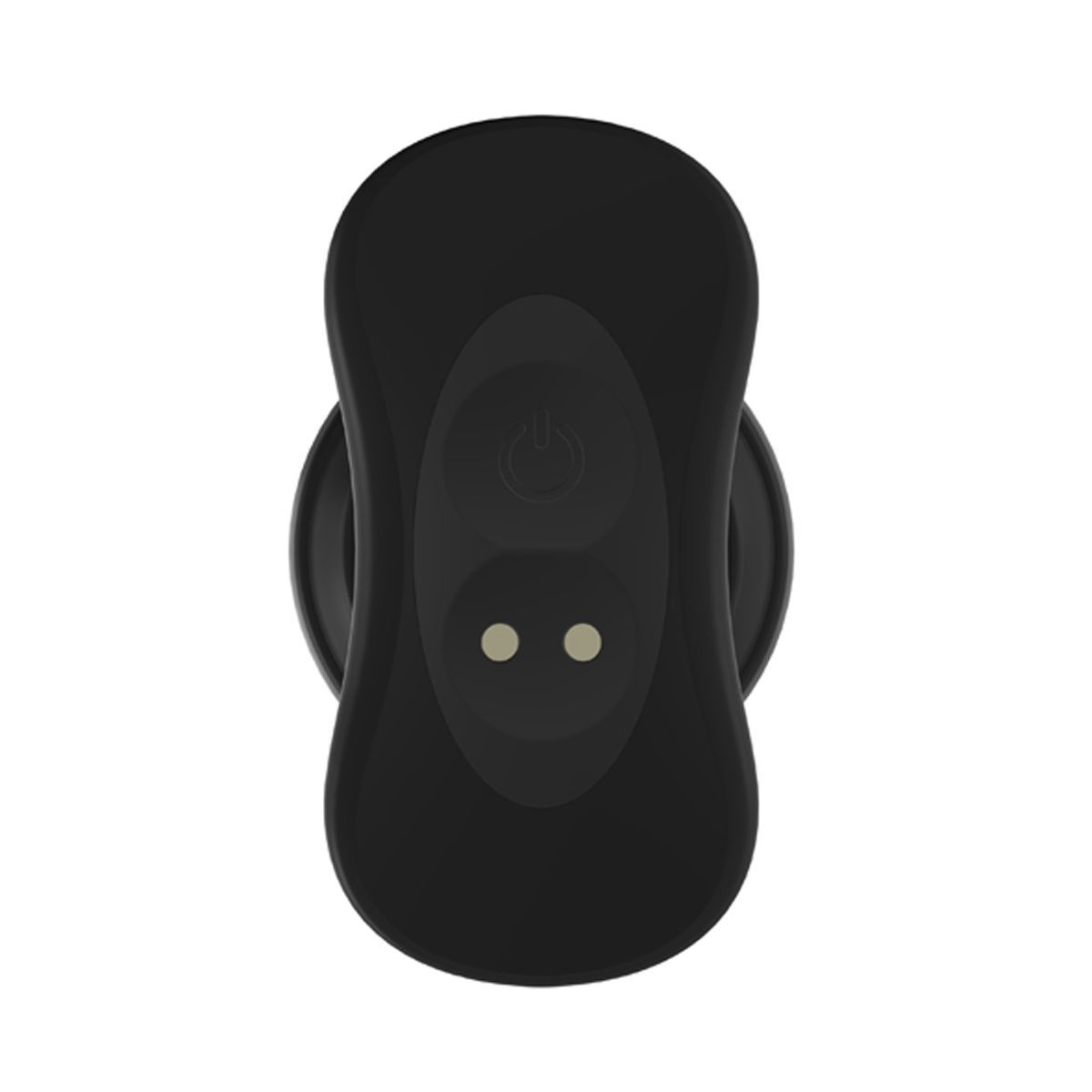 Bovenaanzicht van een zwarte afstandsbediening. Twee knoppen en twee kleine puntjes zijn zichtbaar. Er is ook een aan/uit-knop.