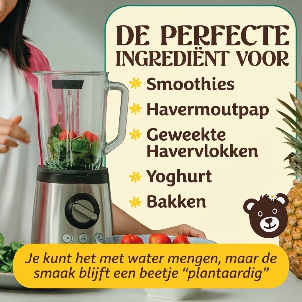 Ingrediëntenlijst met biologische erwten-, pompoenpit-, kokosnoot-, baobab-, zonnebloempit-, lijnzaad-, chia-, cacao-, kaneel- en kurkumaproteïne. Bio, vegan, glutenvrij.