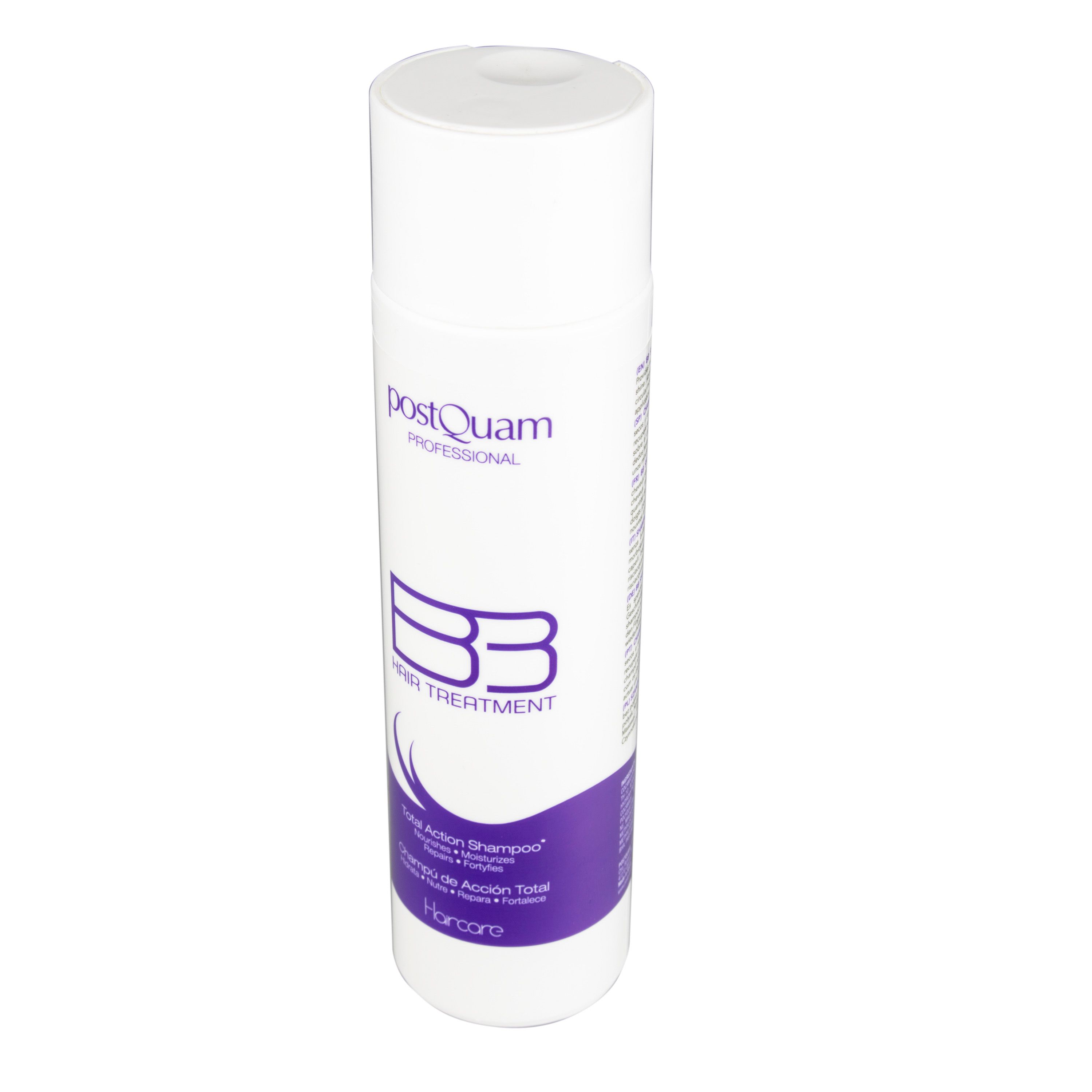 Flacon blanc avec étiquette violette. Inscription : Postquam Professional, BB Hair Treatment. Contient du texte en plusieurs langues.
