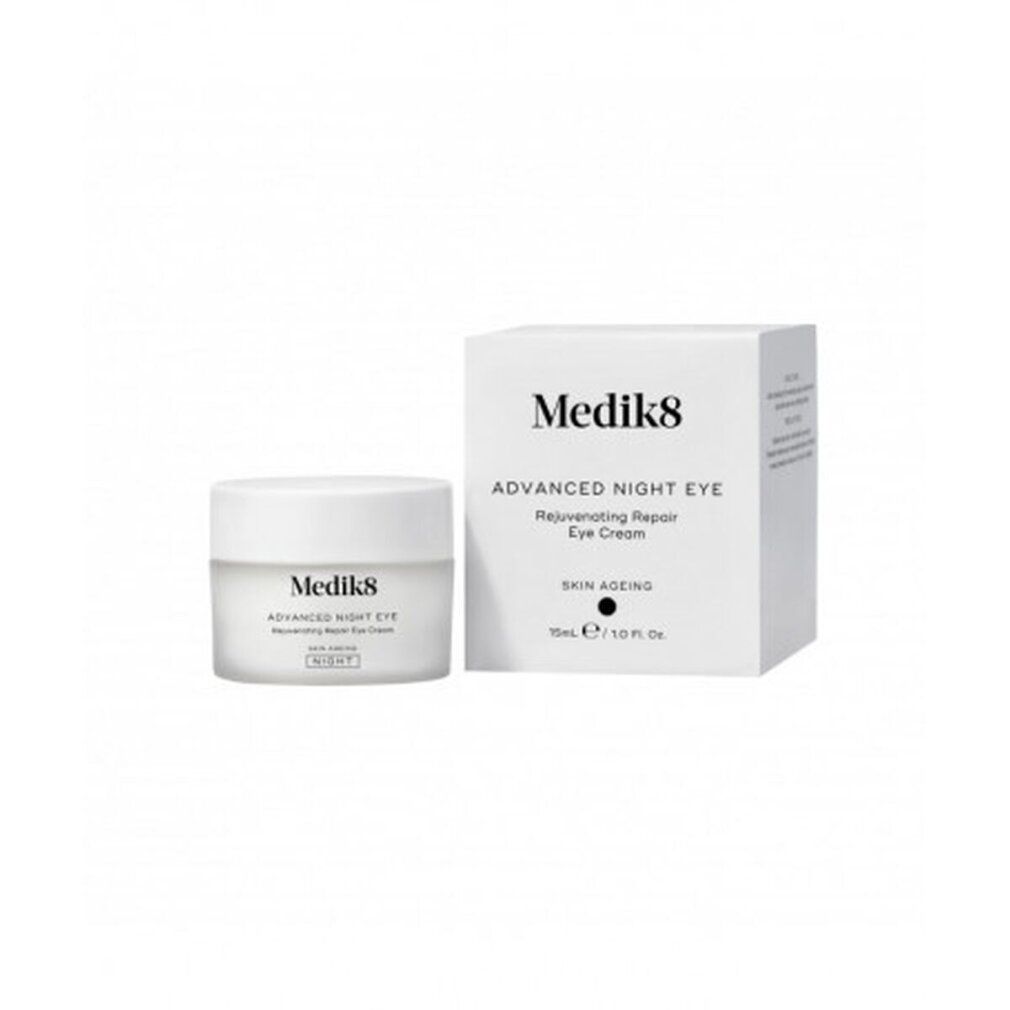 Pot et boîte blancs Medik8 Advanced Night Eye. Texte: Rejuvenating Repair Eye Cream. 15ml.