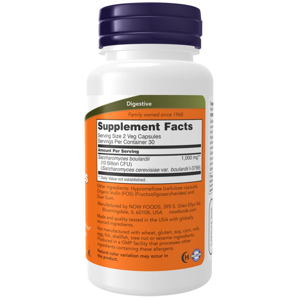 Dos du flacon. Inscription: Supplement Facts. Contient Saccharomyces Boulardii. Fabricant: NOW FOODS. Ingrédients et informations nutritionnelles.