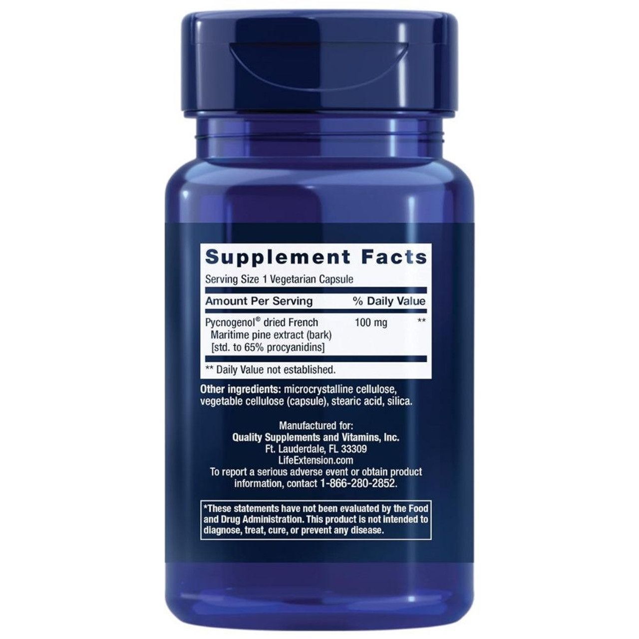 Arrière de la bouteille Life Extension Pycnogenol avec informations nutritionnelles et ingrédients.