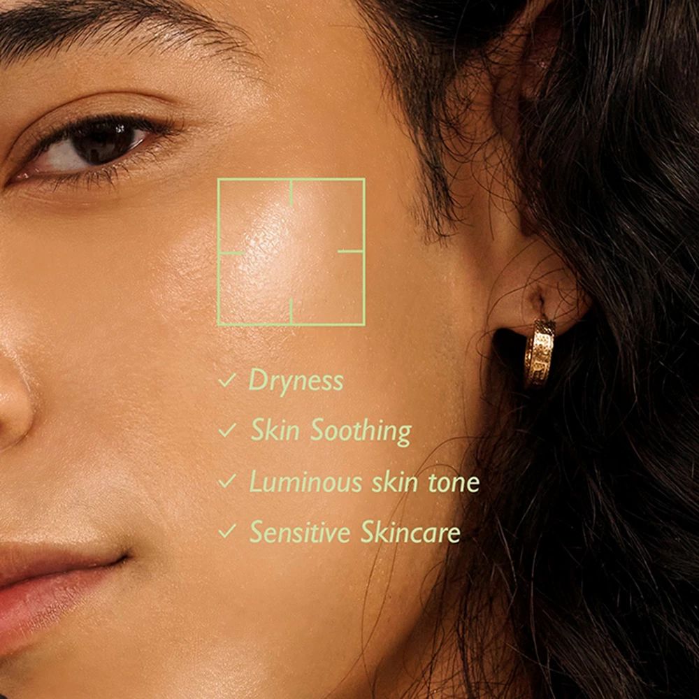 Close-up van een gezicht met gemarkeerde zones. Tekst: droogheid, huidverzachting, stralende huidtint, gevoelige huidverzorging.