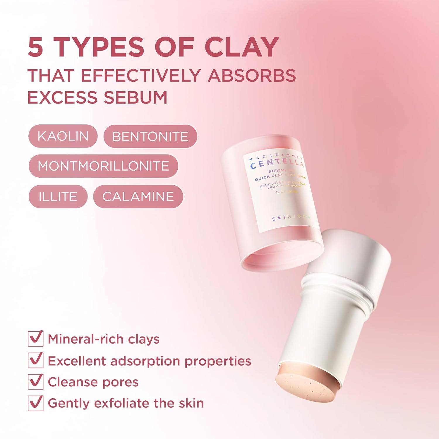 Productstick en deksel. 5 soorten klei. Tekst: Kaolien, Bentoniet, Montmorilloniet, Illiet, Calamine.