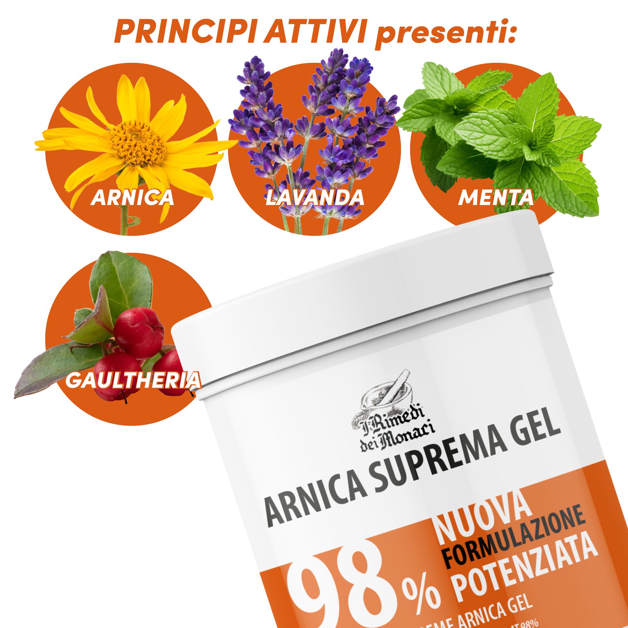 Productpot met ingrediënten: Arnica, Lavendel, Munt en Gaultheria. Tekst: Arnica Suprema Gel 98%. Nieuwe formulering.