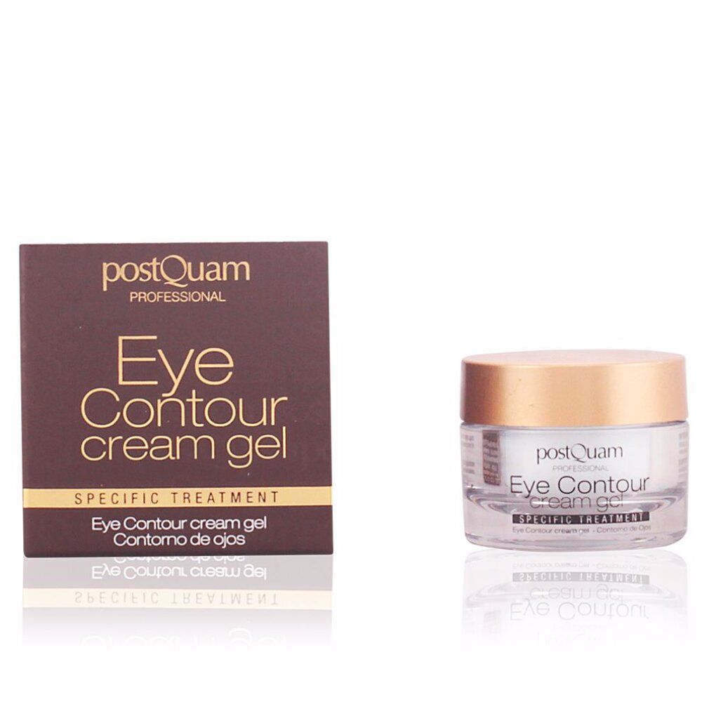 Bruine verpakking en pot. Op de verpakking staat "Postquam Professional Eye Contour cream gel". De pot heeft een gouden deksel.
