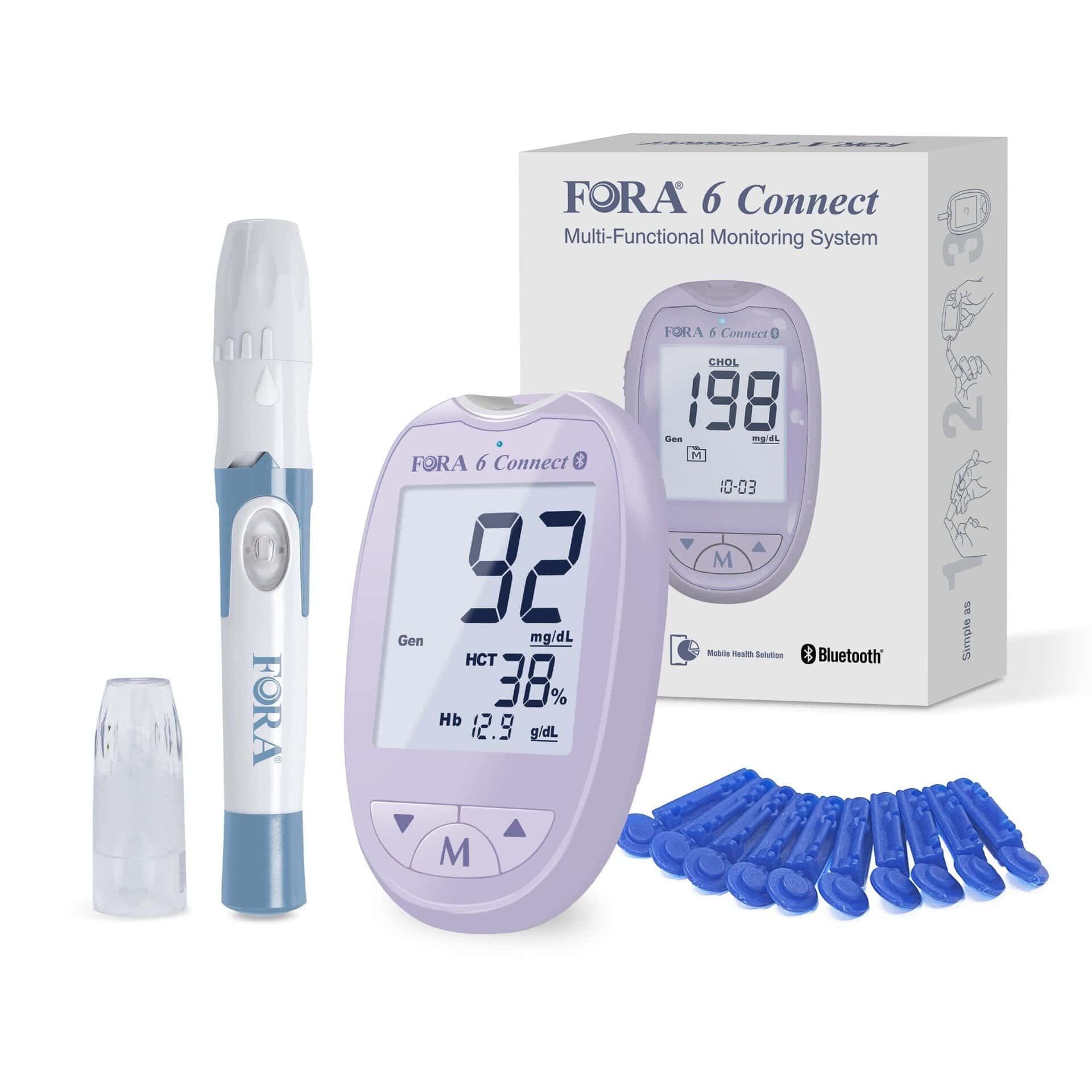 Bloedglucosemeter met display, toont 92 mg/dl. Inclusief prikpen, lancetten, strips. Verpakking met productnaam.