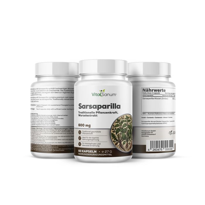 VitaSanum® Sarsaparilla capsules, 60 stuks. Drie potjes met plantaardig wortelextract.