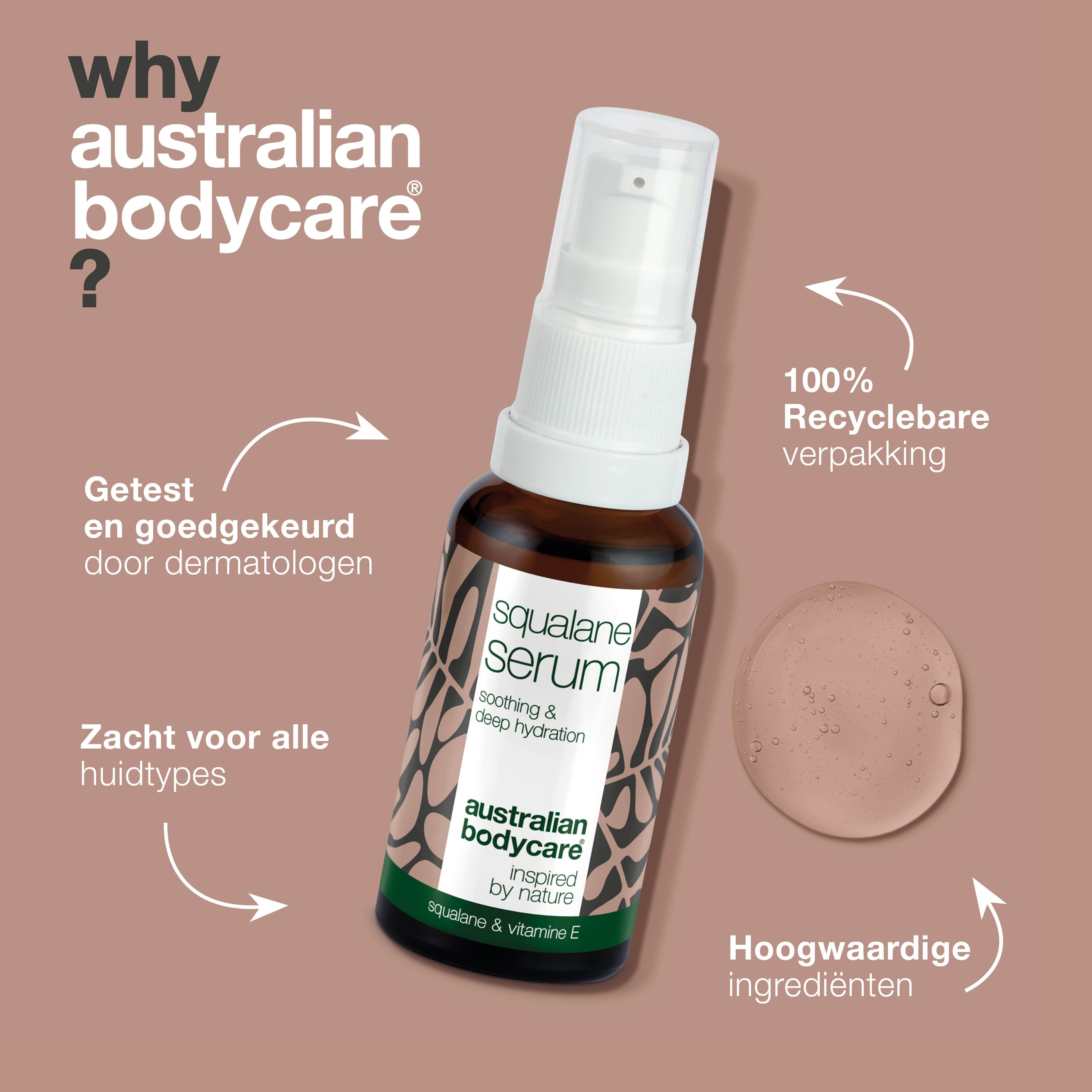 Serumfles. Tekst: getest door dermatologen, zacht voor alle huidtypes, 100% recyclebare verpakking. Australian Bodycare.