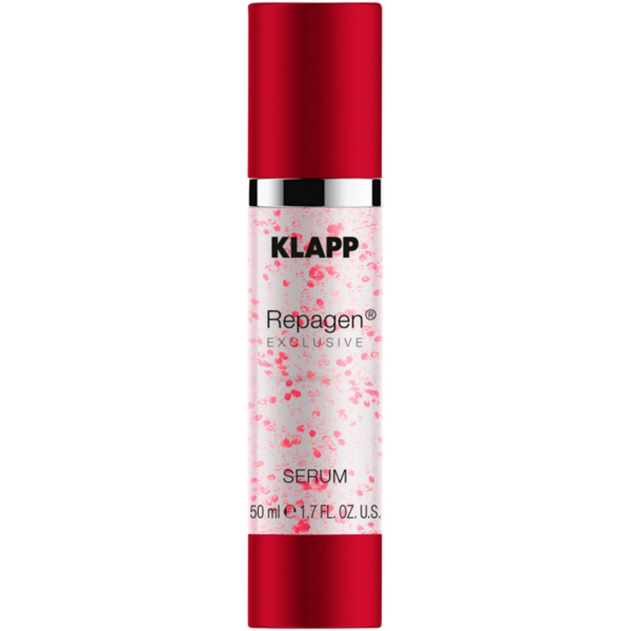 Cilindrische fles met rode dop en bodem. Tekst: Klapp, Repagen Exclusive Serum. 50 ml 1.7 FL.OZ.U.S.