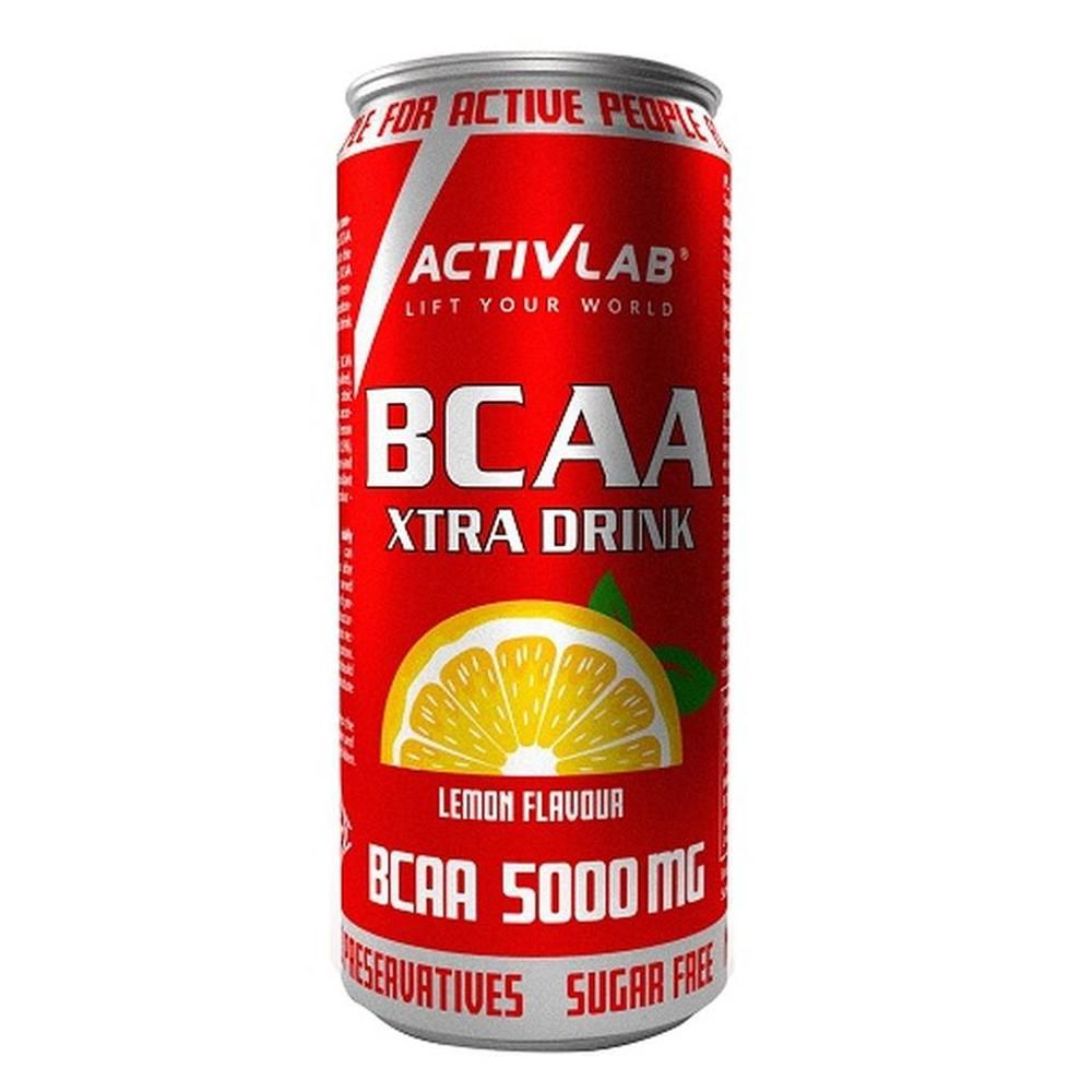 Canette rouge Activlab BCAA Xtra Drink, saveur citron. Contient 5000 mg BCAA. Sans sucre ni conservateurs.