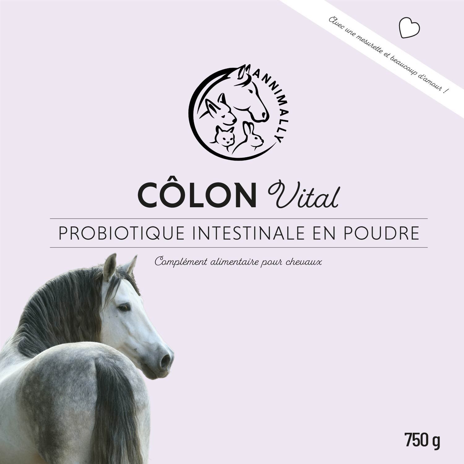 Emballage du produit. Inscription: Colon Vital, Probiotique Intestinale en Poudre. 750 g. Image de cheval. Fond violet clair.