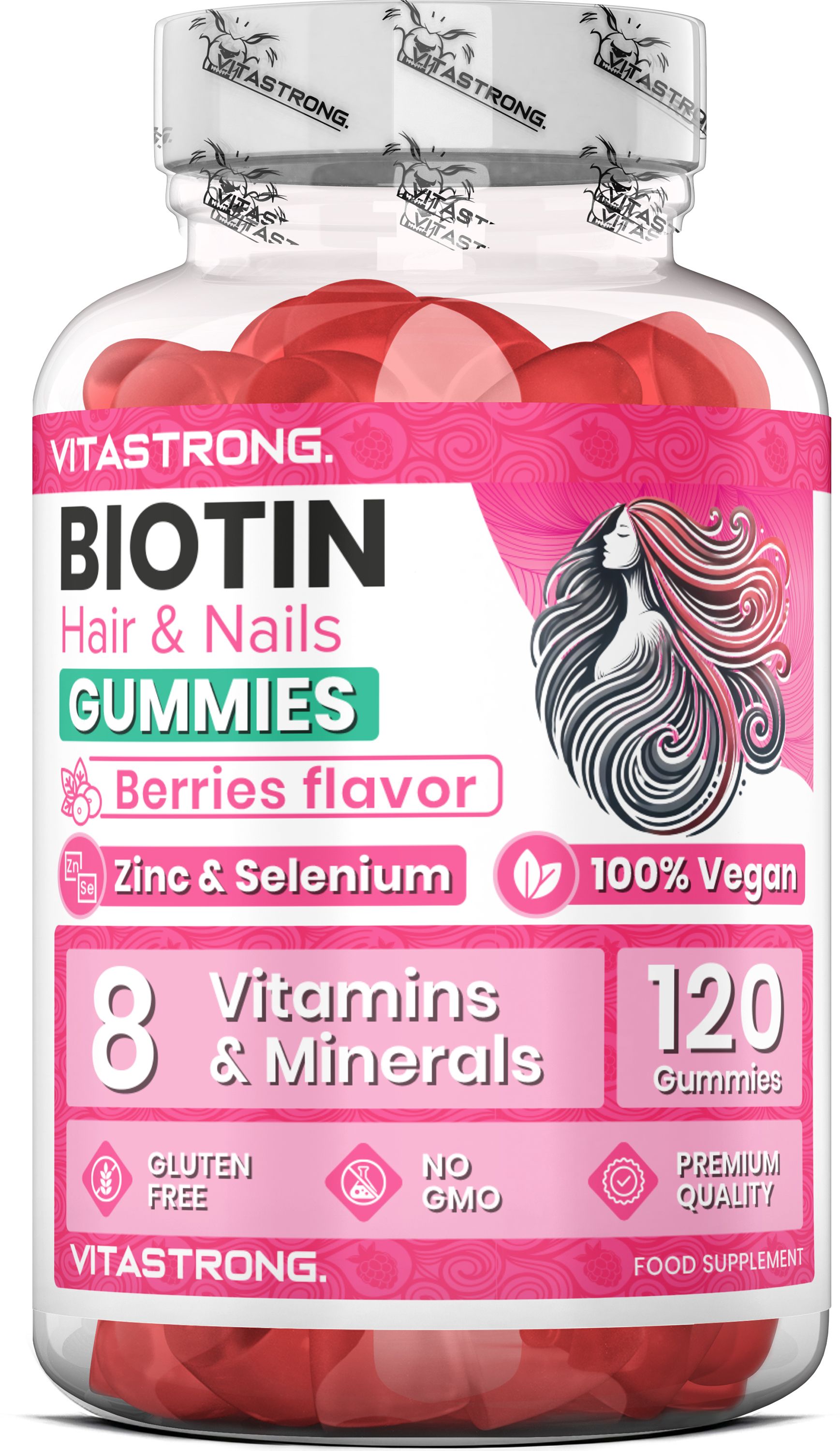 Vitastrong Gummies Biotine Cheveux & Ongles, saveur Baies, 120 pièces.