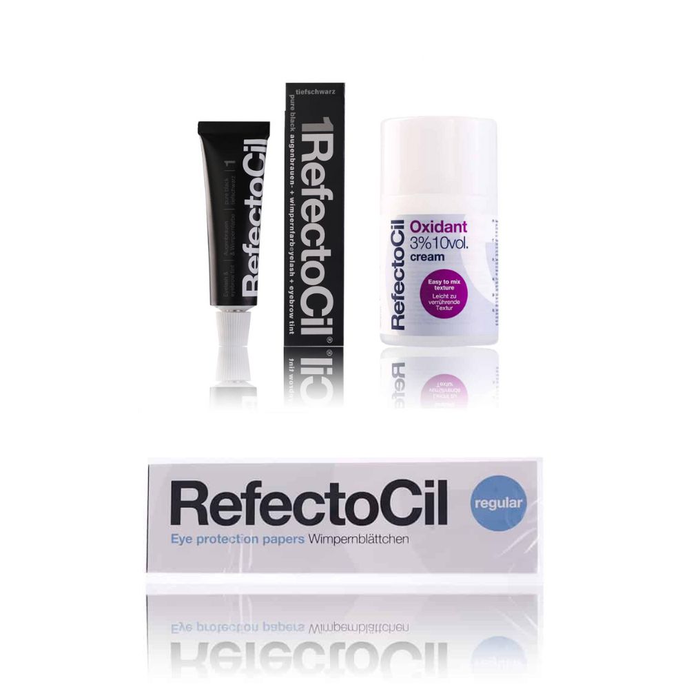 Set met wimperverf, oxidantcrème en wimperblaadjes. De producten zijn verpakt in tubes, flessen en een doos. De merknaam is RefectoCil.