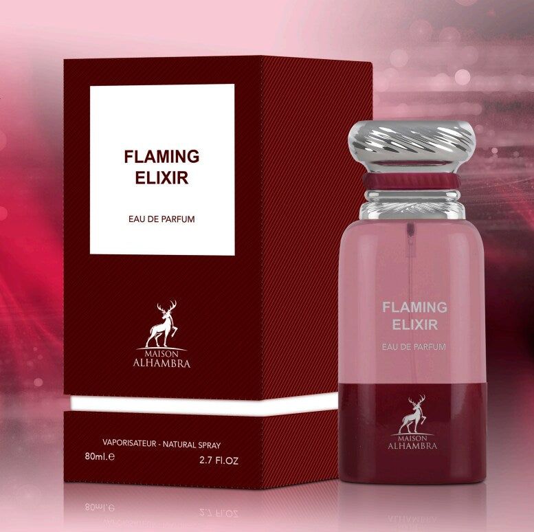 Eau de Parfum 'Flaming Elixir' dans un flacon rose avec bouchon argenté, à côté de sa boîte rouge.
