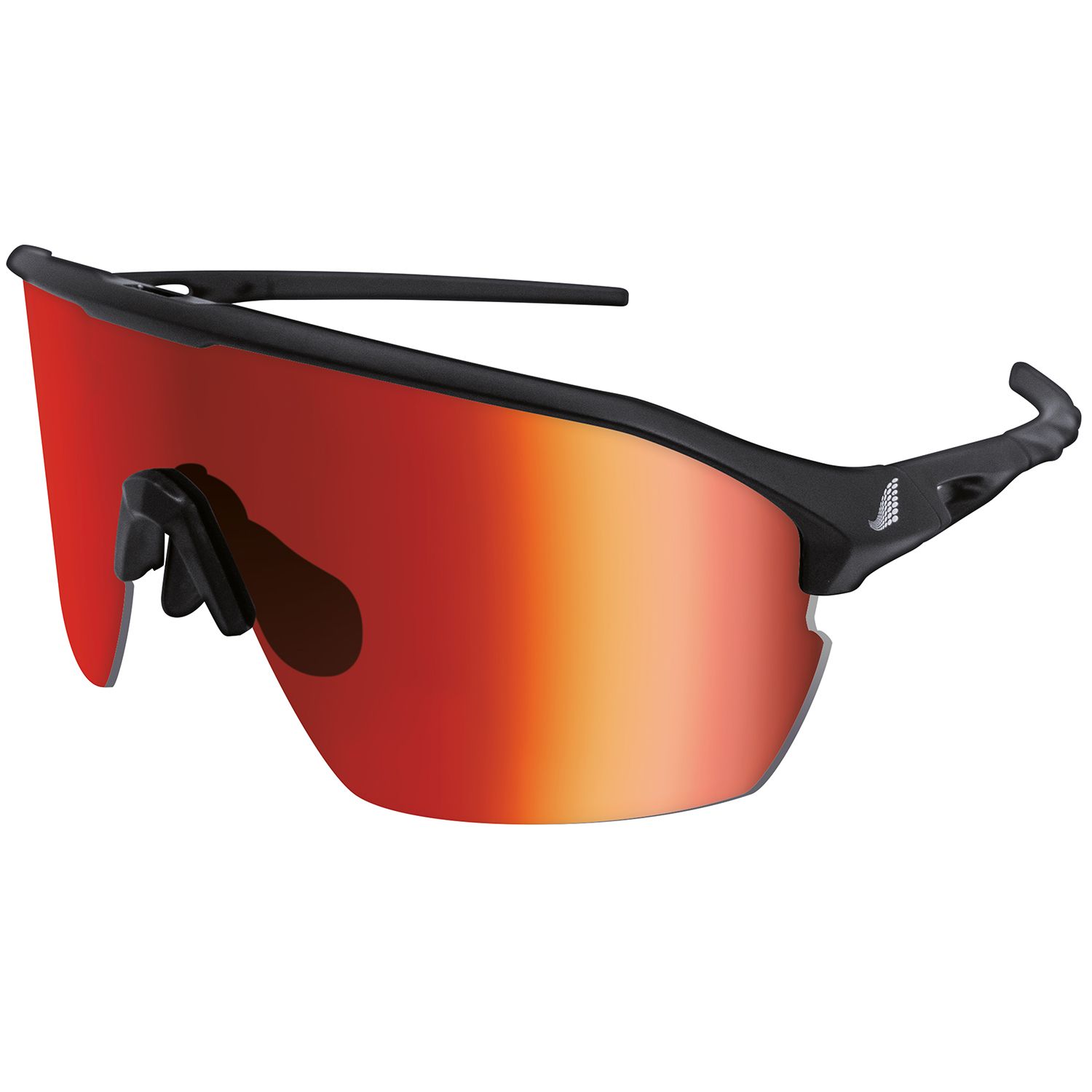 Lunettes de sport noires avec une large visière miroir rouge/orange et une monture noire.