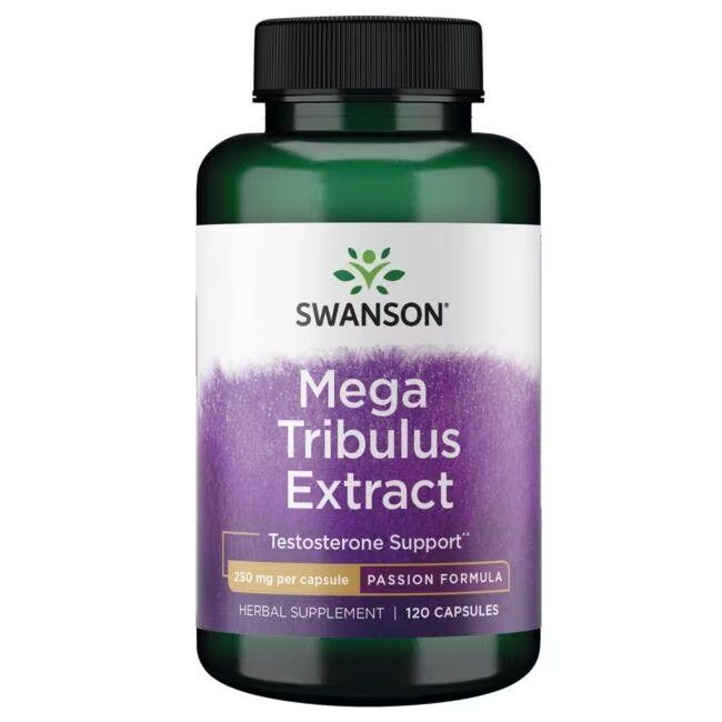 Flacon vert avec étiquette blanche. Inscription: SWANSON Mega Tribulus Extract, 250 mg par capsule, 120 capsules.