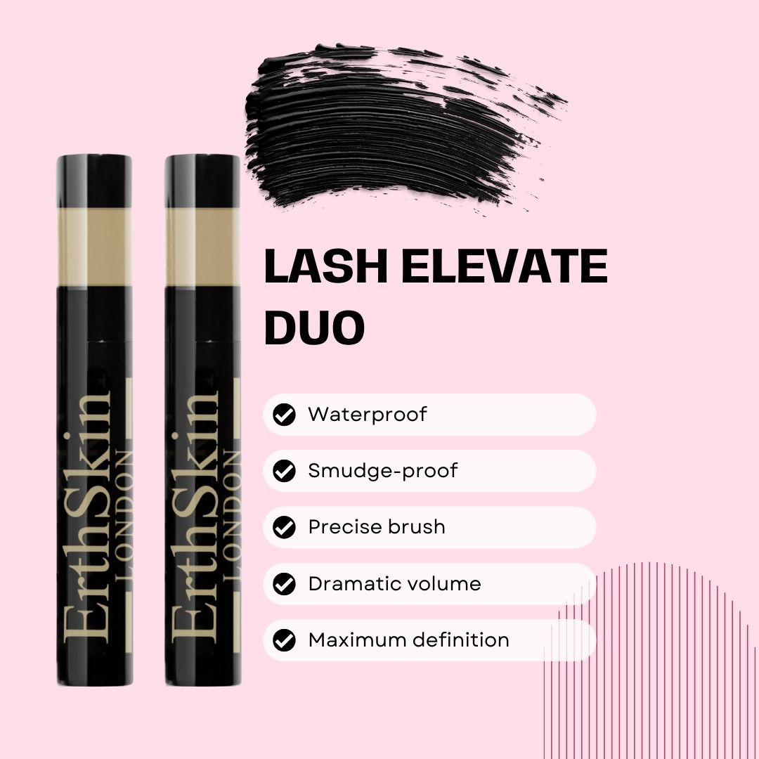 Deux tubes de mascara noirs avec texte doré. Inscription : ErthSkin London. Zone beige en haut. Texte : Lash Elevate Duo, Waterproof, Smudge-proof.