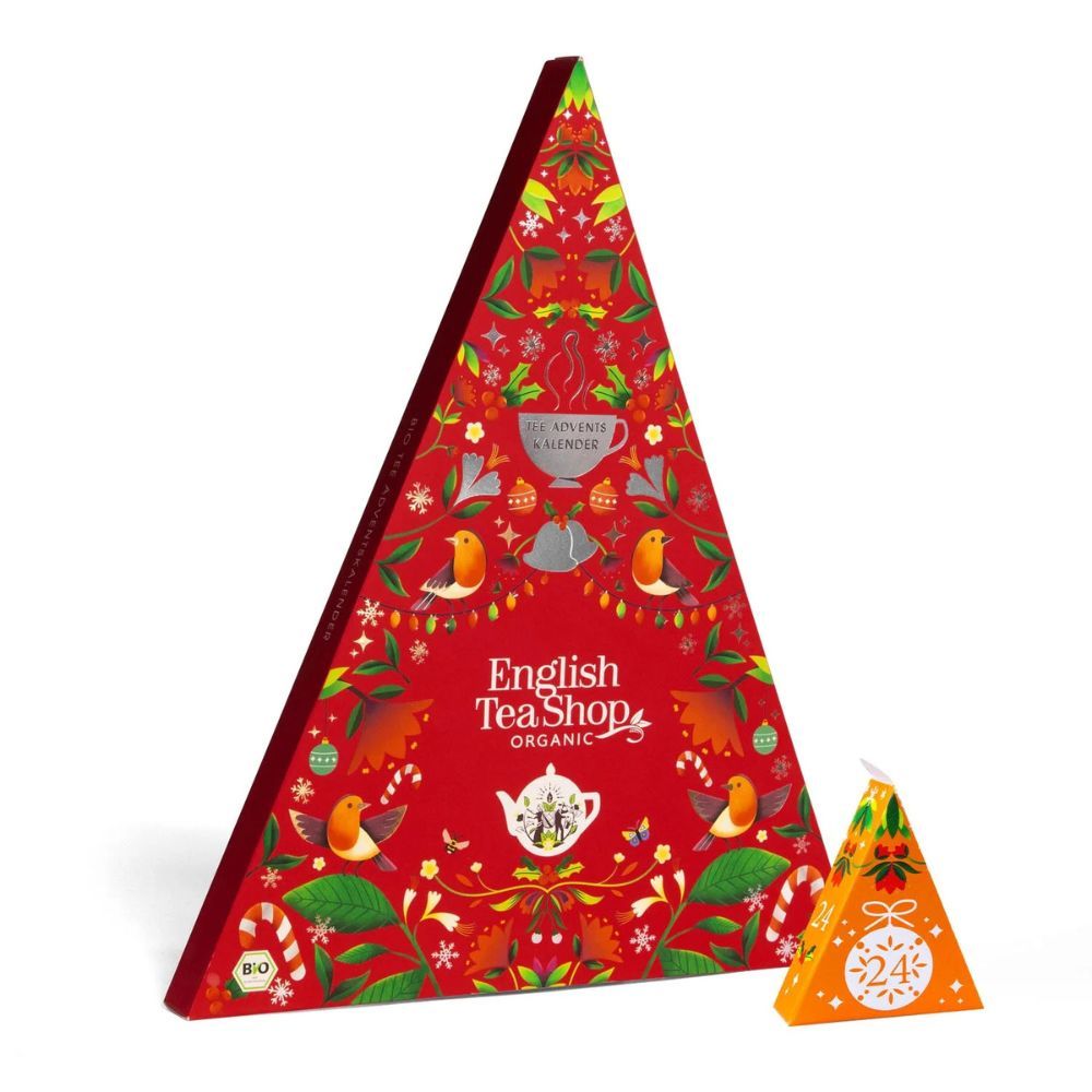 Rode driehoekige adventskalender met 25 piramidezakjes. Klein zakje ernaast. English Tea Shop logo.