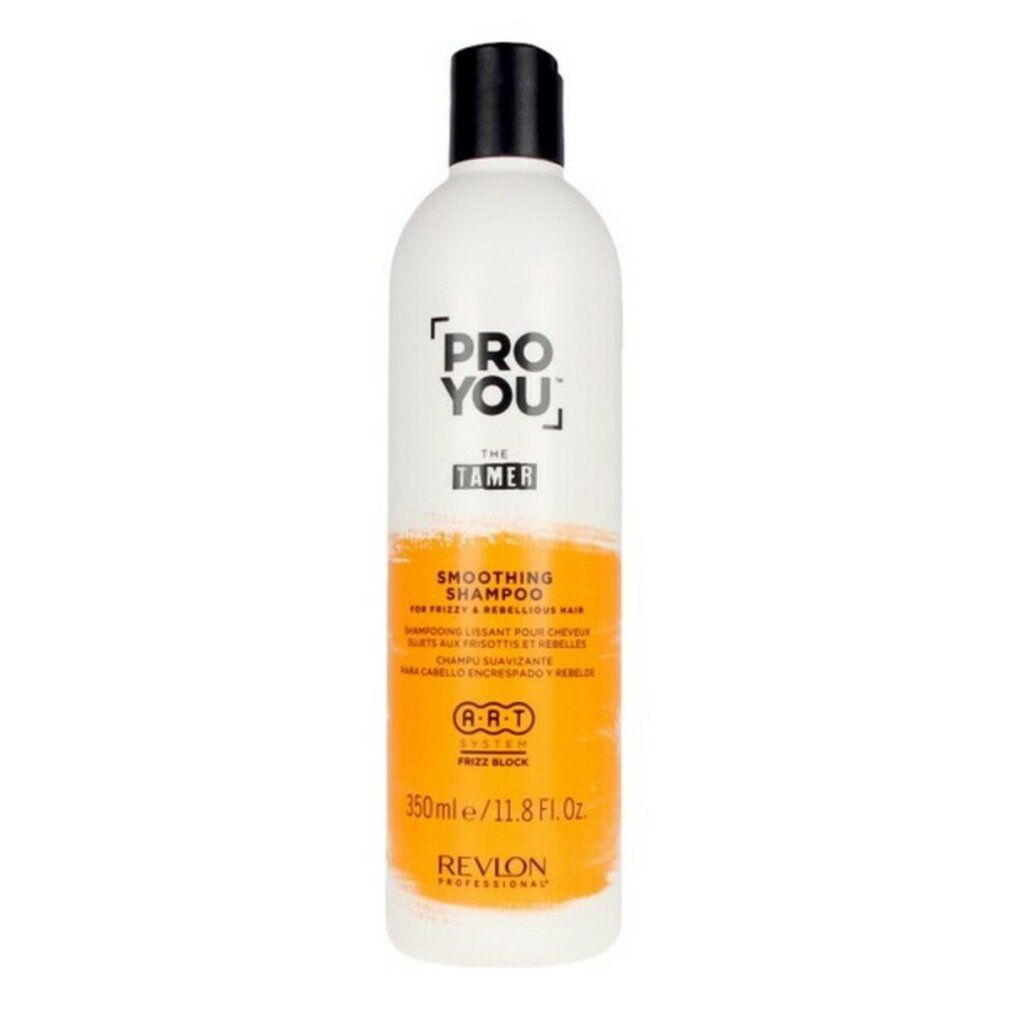 Flacon blanc à bouchon noir. Inscription: PRO YOU THE TAMER, Smoothing Shampoo. Bande orange. Revlon Professional.