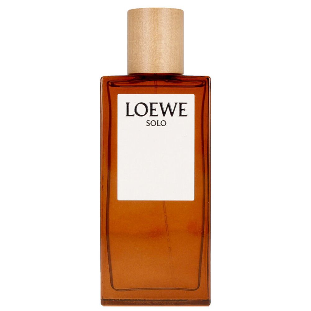 Flacon Loewe Solo Pour Homme Edt Spray. Flacon rectangulaire avec bouchon en bois. Logo Loewe Solo.