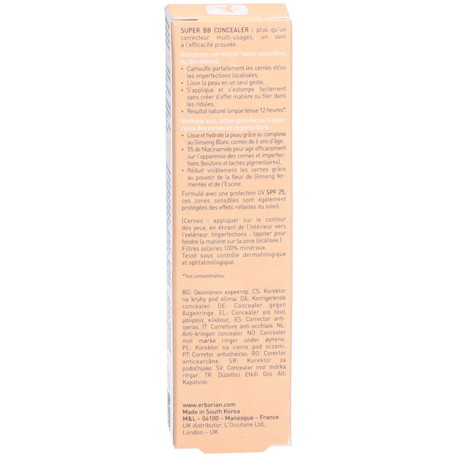 Dos de l'emballage avec instructions et texte multilingue. Marque: Erborian.