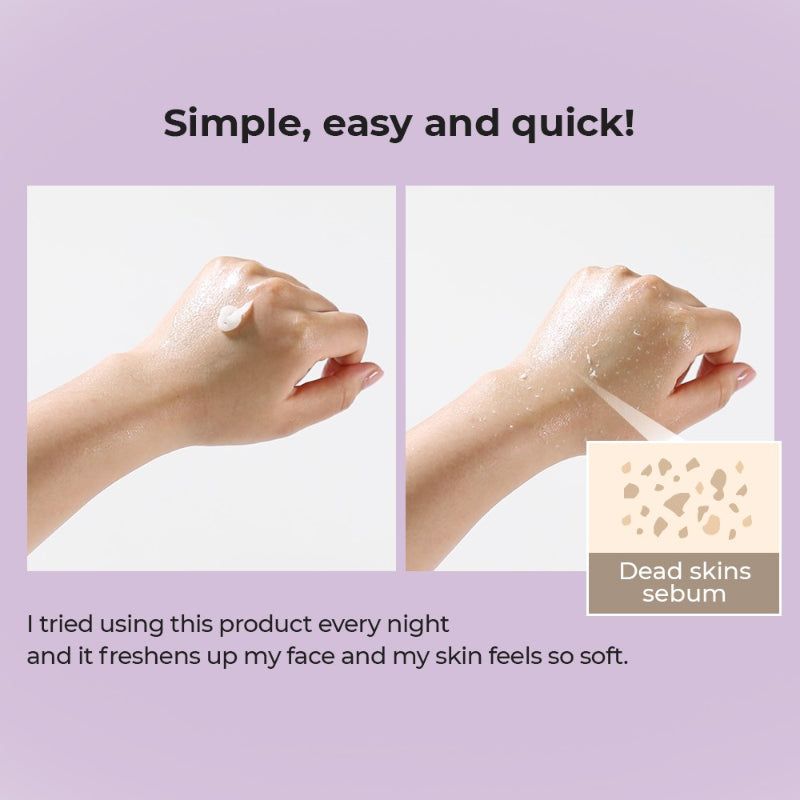 Mains montrant l'application. Inscription : Dead skins sebum. Fond : produit de soin de la peau.