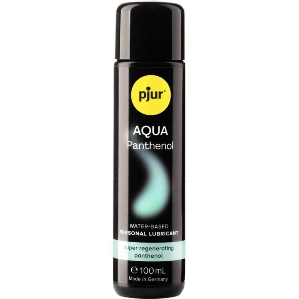 Flacon noir avec bouchon noir. Inscription : pjur AQUA Panthenol. Texte : Lubrifiant personnel à base d'eau. Panthenol super régénérant.