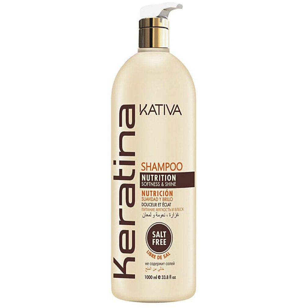 Beige shampoo fles met pomp. Opschrift: Kativa Keratina Shampoo, Nutrition, Softness & Shine. Zoutvrij.