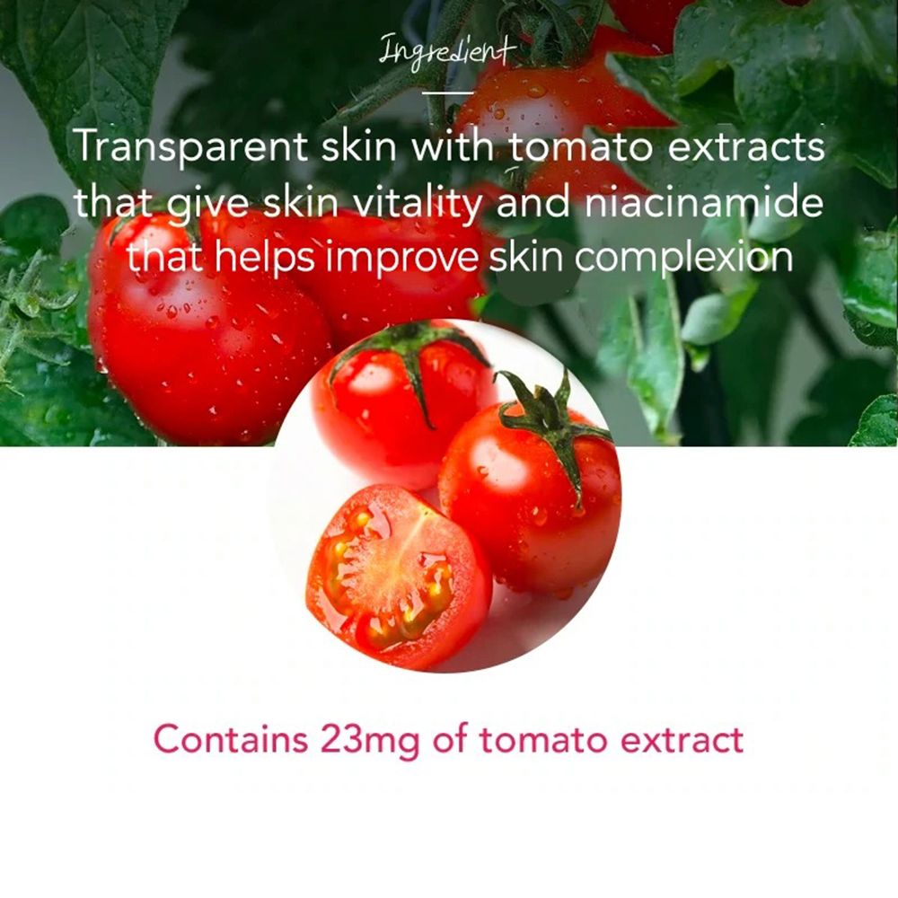 Texte avec illustrations de tomates. Texte: Peau transparente avec extraits de tomates qui donnent de la vitalité. Contient 23mg d'extrait de tomate.