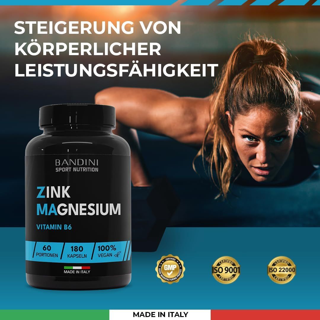 Zwarte fles met capsules. Opschrift: Zink Magnesium, Vitamine B6. 60 porties, 180 capsules, 100% vegan. GMP, ISO 9001, ISO 22000.