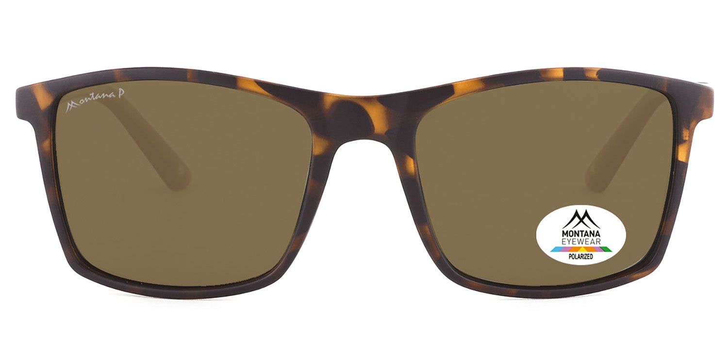 Lunettes de soleil marron. Le logo Montana Eyewear est visible sur un verre. Monture rectangulaire.