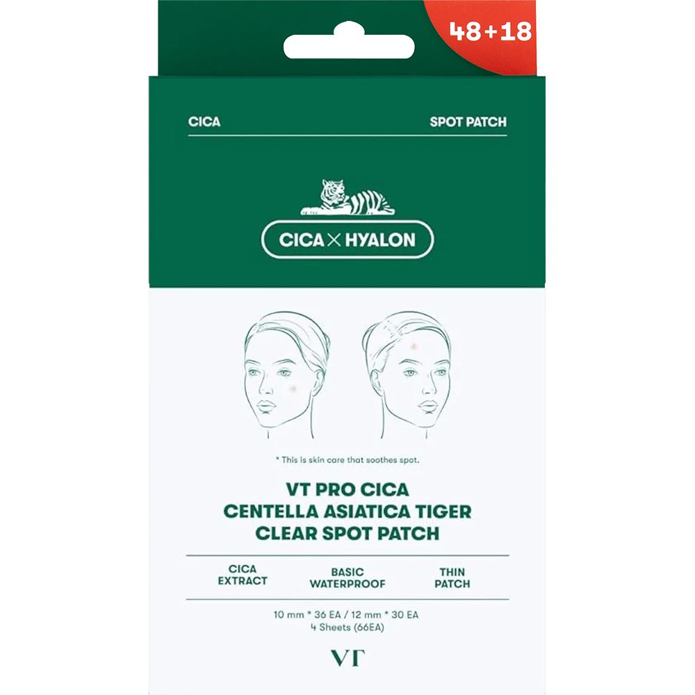 Verpakking met pleisters. Tekst: VT Pro Cica Centella Asiatica Tiger Clear Spot Patch. 48+18. Cica, waterdicht, dun.